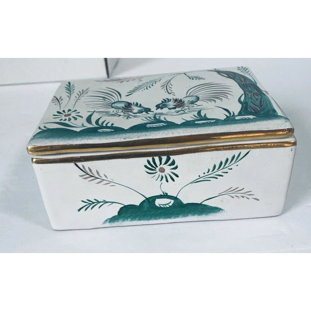 VTG  Porcelain trinket Box Roster  Bird Flower  Green W Gold Trim Italy ARS 792